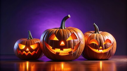 Fototapeta premium Surprising pumpkins with glowing eyes and a scary face on a violet purple background, Halloween, pumpkin, spooky