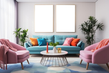 Modern interior design of a living room with a blue sofa, colorful armchairs, and a poster on the wall.,generative ai