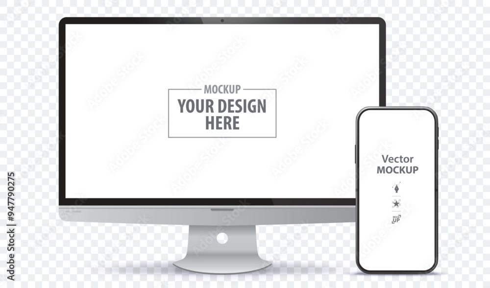 Poster desktop computer and mobile phone screen front view mockup. digital devices template vector illustra