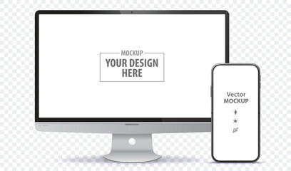 Desktop Computer and Mobile Phone Screen Front View Mockup. Digital devices template vector illustration with transparent background.