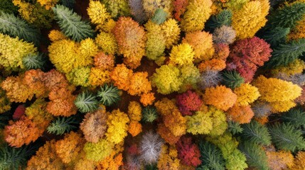Aerial view of a forest in the height of fall colors