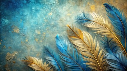 Vintage of feathers in blue and gold colors on textured background, feathers, vintage,blue, gold, brushstrokes