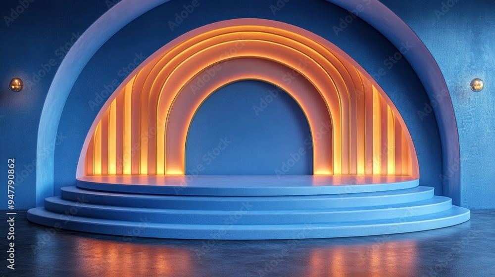 Poster 3d render abstract art deco blue backgroun3d with folde3d fan an 3d golden lines empty festive stage