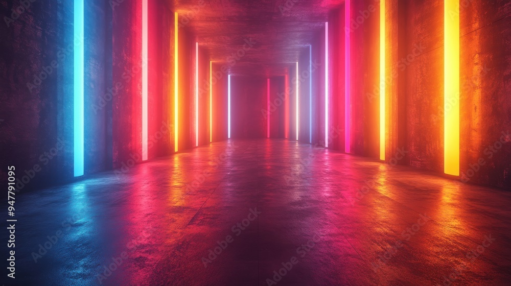 Aufkleber 3d render abstract backgroun3d empty room with bright neon rays an3d glowing lines colorful spectrum