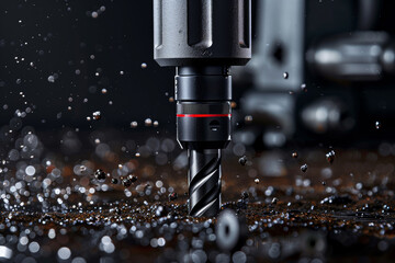 Drilling machine with sparks, close-up. Industrial background. Shallow depth of field.