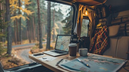 Nomadic Workspace Laptop Map and Wanderlust Essentials in Camper Van Embrace the Remote Work Lifestyle on the Open Road