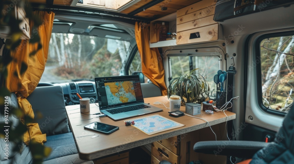 Wall mural nomadic workspace laptop map and wanderlust essentials in camper van embrace the remote work lifesty