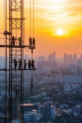 A construction site showcasing workers securing themselves with harnesses for height safety.
