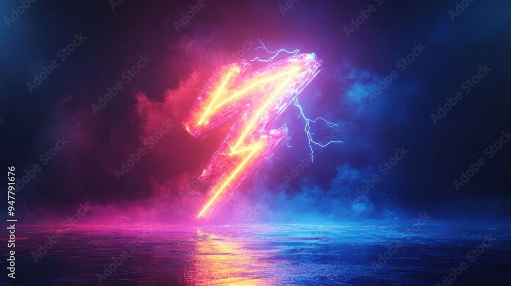 Poster 3d render abstract backgroun3d of neon linear lightning symbol inside the illuminate3d colorful clou