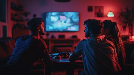 Obraz premium Friends Playing Video Games Under Red and Blue Lighting