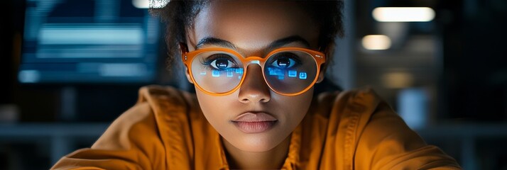 Focused Young Woman In Glasses Viewing Holographic Interface While Working Late At Night