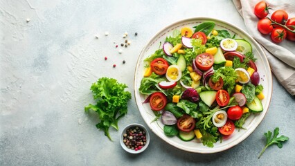 Fresh salad on light background. Top view, Salad, fresh, healthy, vegetables, diet, nutrition, greens, bowl, organic