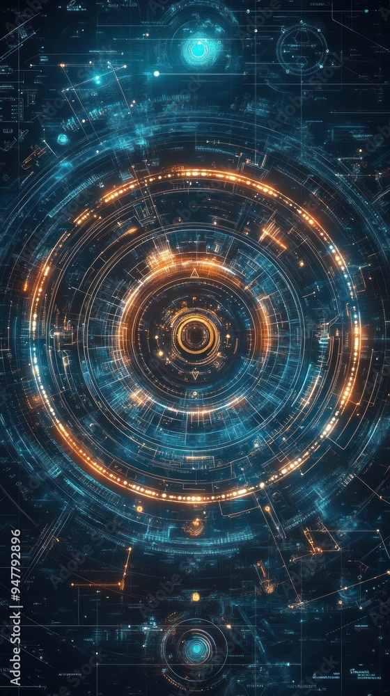 Poster abstract digital interface with glowing circles and lines