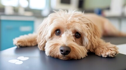 Dog lying on a vet table while being gently examined by a vet