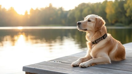 Dog sitting on a dock by the lake, enjoying a peaceful afternoon