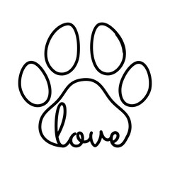 Logo pet friendly. Silueta de pata de gato o perro con línea exterior y palabra love en texto manuscrito