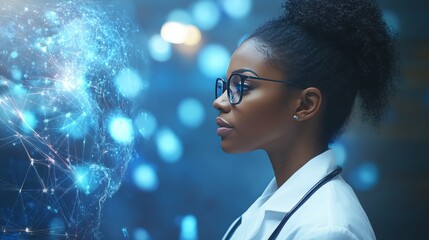 Female Doctor Contemplating Medical Innovation with Futuristic Brain Interface Technology