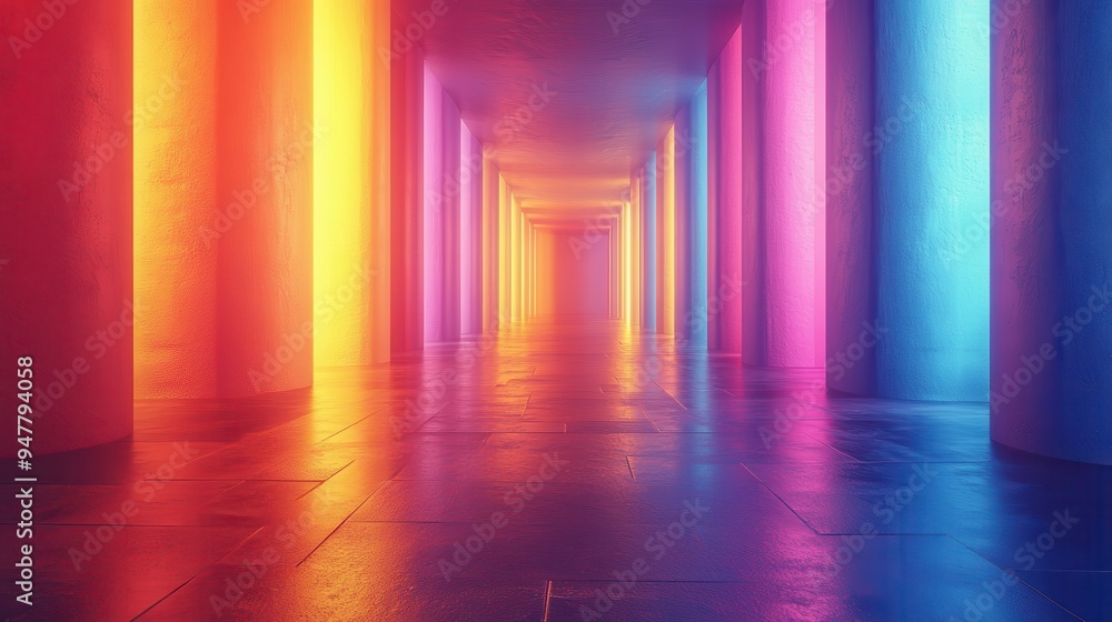 Aufkleber 3d render abstract backgroun3d with colorful spectrum bright pink yellow neon rays an3d glowing line