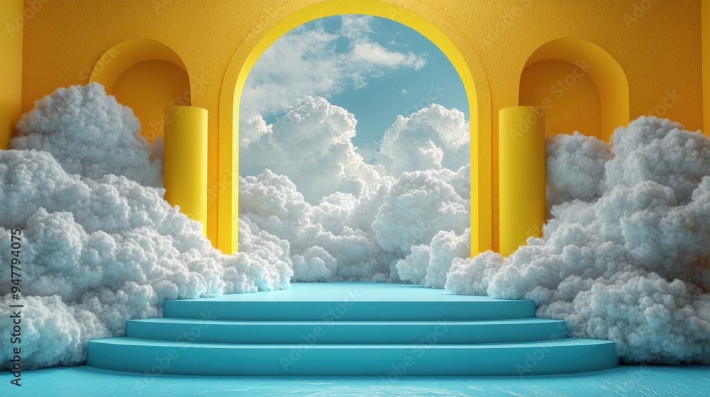 Poster 3d render abstract backgroun3d with clouds flying inside the yellow room with blue arch simple geome
