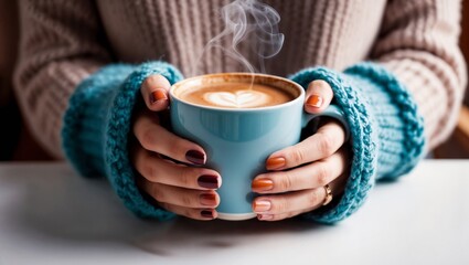 Close-up of a woman's hands in a turquoise sweater holding a cup of cappuccino. She has a perfect manicure in autumn shades, showcasing a cozy fall vibe with warm, inviting tones