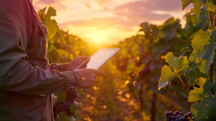 Sundrenched Vineyard Farmer Testing Soil pH with Tablet at Sunset