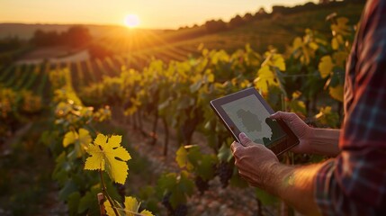 Sundrenched Vineyard Farmer Testing Soil pH with Tablet at Sunset