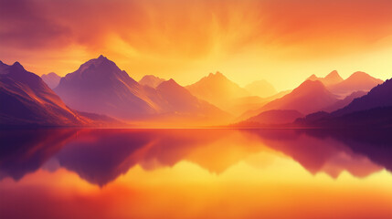 Fototapeta premium Golden mountains bathed in the warm glow of the setting sun, reflecting in a calm lake.