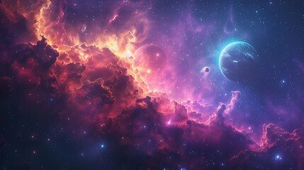 Outer space with planets and colorful gases, cool background