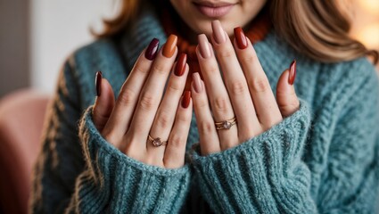 Close-up of a woman's hands in a turquoise sweater. She has a perfect manicure in autumn shades, showcasing a cozy fall vibe with warm, inviting tones.