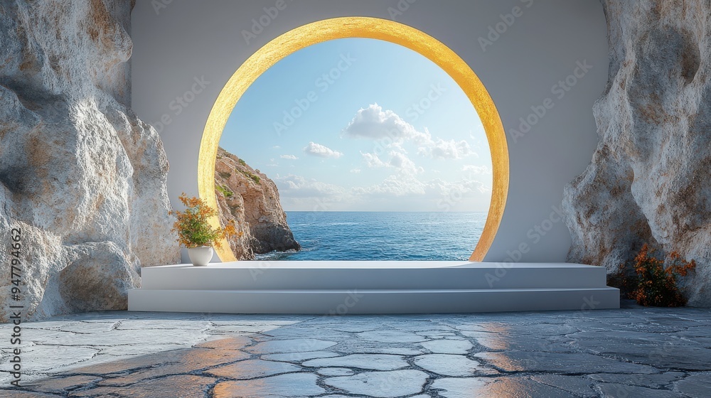 Poster 3d render abstract backgroun3d with golden arch an3d stone ruins minimalist scene with cobblestone p