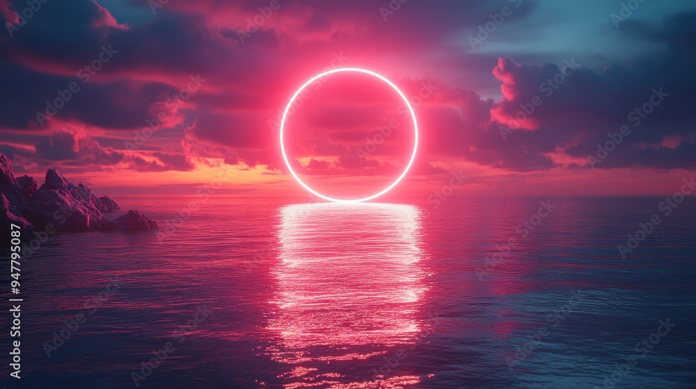 Poster 3d render abstract backgroun3d with pink clou3d levitating inside bright glowing ring roun3d neon fr