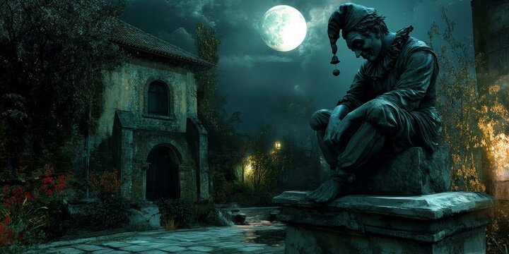 A forlorn jester statue under a full moon.