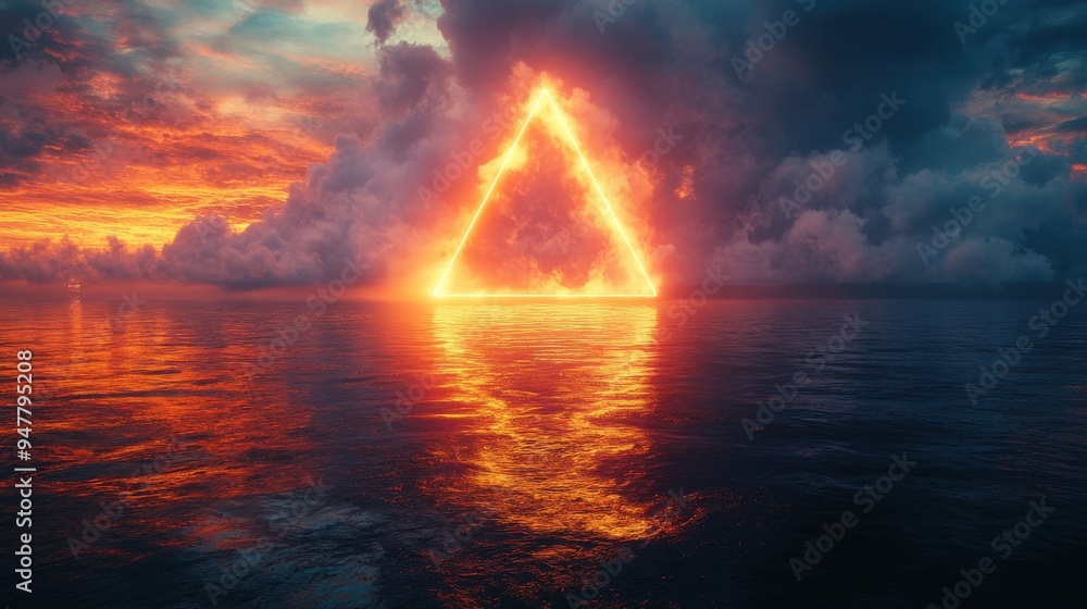 Poster 3d render abstract backgroun3d with white clou3d levitates inside the glowing neon triangle with ref
