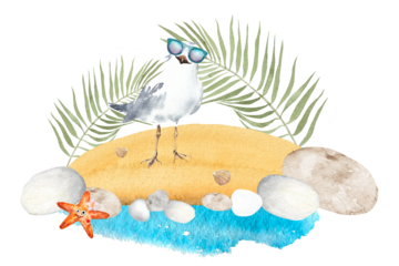 Seagull on a sandy beach with rocks and starfish. Hand-drawn watercolor illustration of a white cartoon seagull on the beach, surrounded by rocks and palm branches.