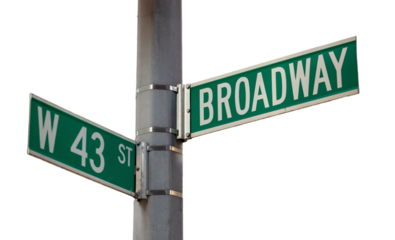Broadway and W43 corner road sign isolated on white, transparent. Green color street signs, crossroad in New York city, United States