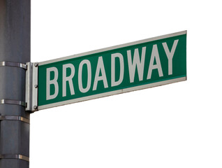 Broadway road sign isolated on white, transparent. Green color street sign on a post in Manhattan...