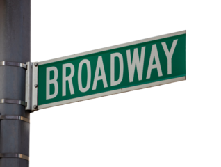 Broadway road sign isolated on white, transparent. Green color street sign on a post in Manhattan New York city, US