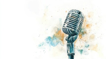 Watercolor illustration of a vintage vocal microphone on a stand Hand drawn clipart featuring music themes such as rock jazz blues and sound recording on a white background
