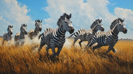 Naklejka premium A Herd of Zebras Running Through the Grass