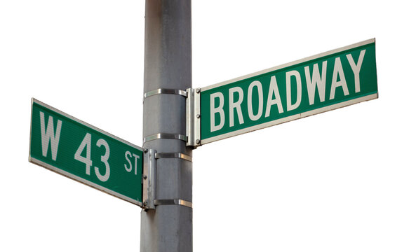 Broadway and W43 corner road sign isolated on white, transparent. Green color street signs, crossroad in New York city, United States