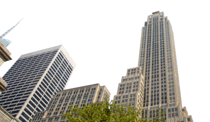 City skyscrapers buildings isolated on white transparent, high angle view, New York United States of America