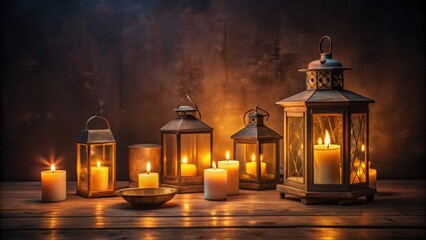 Fototapeta premium Lanterns and candles casting a warm glow on a table in a dark room, lanterns, candles, table, dark, room, ambiance