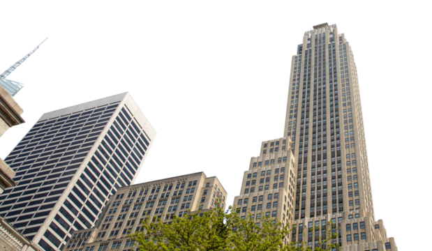 City skyscrapers buildings isolated on white transparent, high angle view, New York United States of America