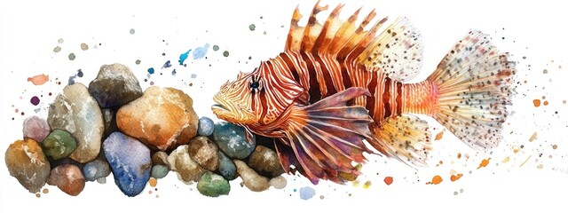 Obraz premium Watercolor illustration of bottom stones a snag and a lionfish on a white background The skillfully painted realistic fish enhances the vibrant colors Ideal for wildlife themed textile printing st