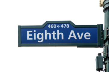 Eighth Avenue street sign isolated on white, transparent. 8th ave blue color road sign, Manhattan New York city, USA