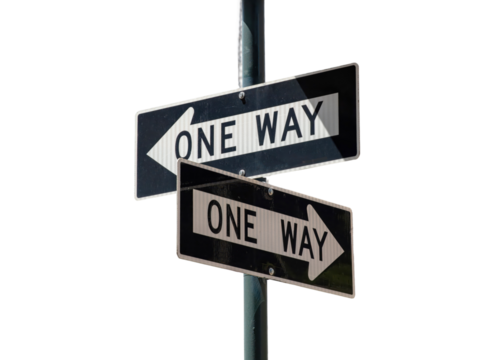 One way signs on a post isolated on white transparent, New York city USA