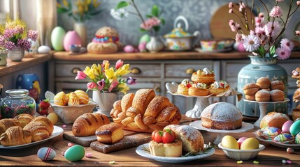 Springtime Delights Vibrant Easter Pastries and Eggs on Rustic Kitchen Table