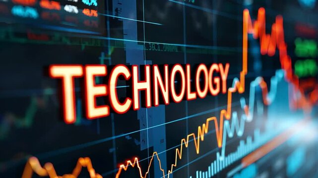 The word "Technology" in red lights on a screen with stock market data in the background.  A concept of technology and finance.