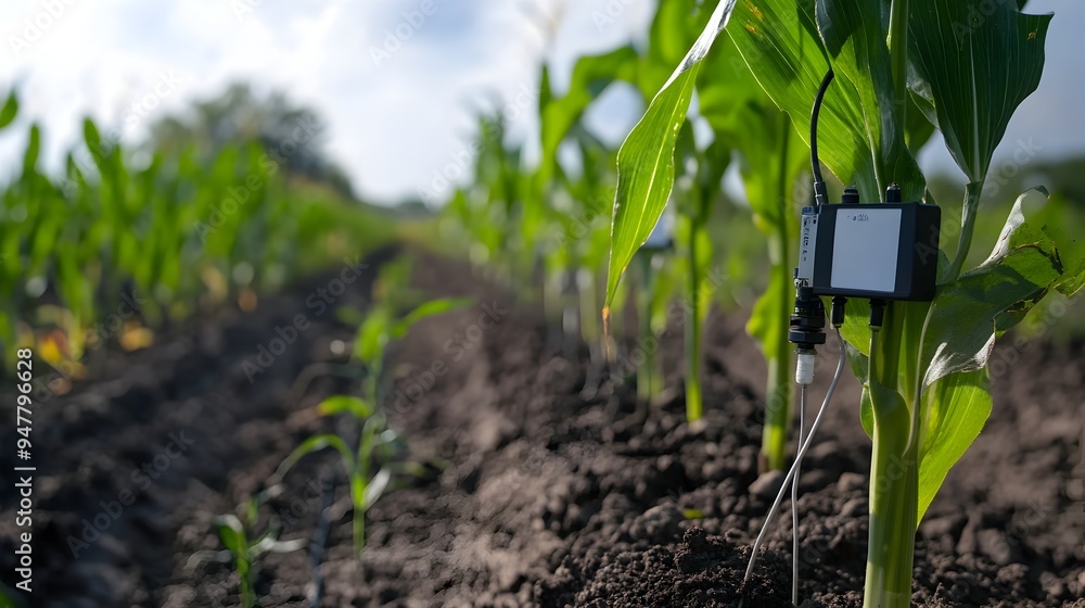 Poster aerial view of an iot enabled soil monitoring system with sensors probing nutrient levels in a cornf