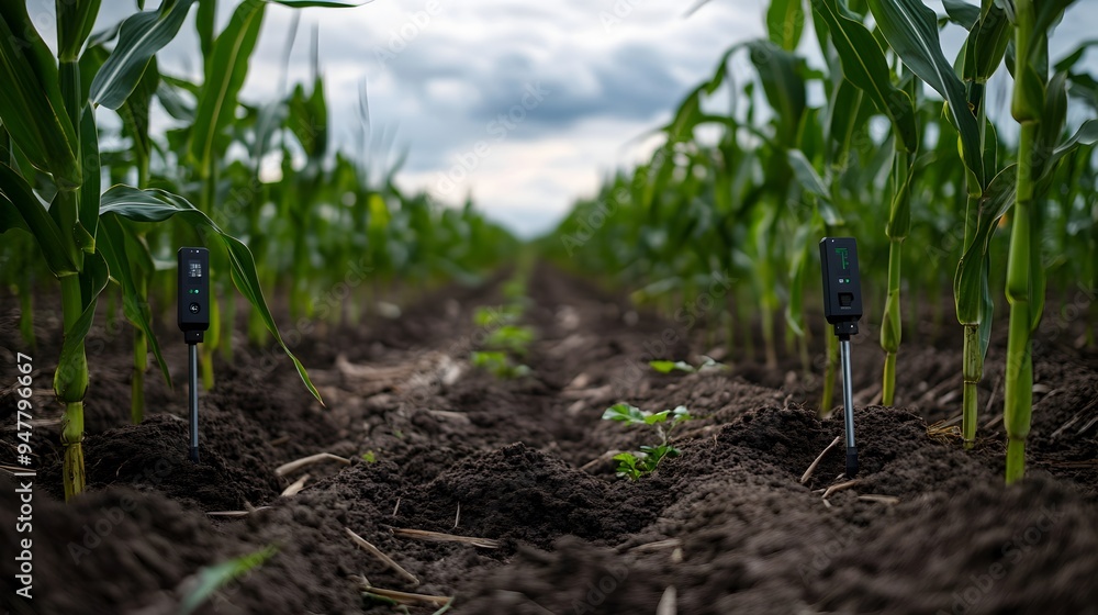 Poster a photograph of iot enabled soil probes installed in a cornfield monitoring nutrient levels and prov